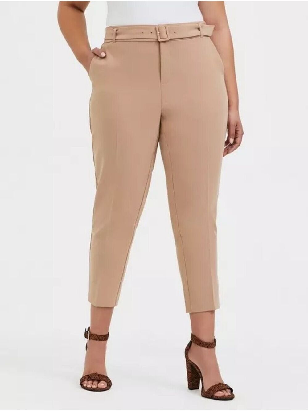 20 • Torrid • Belted Straight Leg Trouser Pant - Stretch Woven Beige